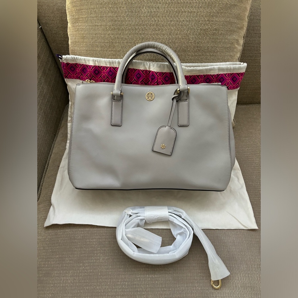 As New Tory - Burch Large Leather Handbag with Double Handles in Light Grey